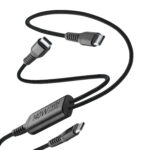 Twin Charge Cable USB-C to USB-C 150 cm braided USB-C cable with dual split connectors for charging two devices at the same time, delivering up to 140W when charging a single device. Cellularline_USBDATATWINC2C15MK_INT_3