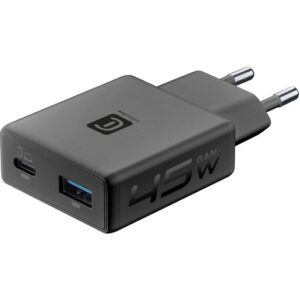 CHARGER POWER LITE 45W SLIM DUAL A+C Chargeur secteur 45W au design super compact et fin. Doté d’un port USB‑C de 45W et d’un port USB‑A de 18W, compatible avec smartphones, tablettes et ordinateurs portables.