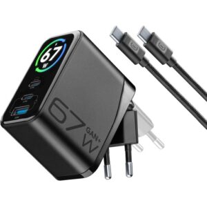 PowerView IQ Kit ACH 67W Kit chargeur secteur 67W avec écran TFT intelligent, fiche pliable et technologie GaN+. Inclut un câble USB-C de 150 cm pour une recharge immédiate et complète.