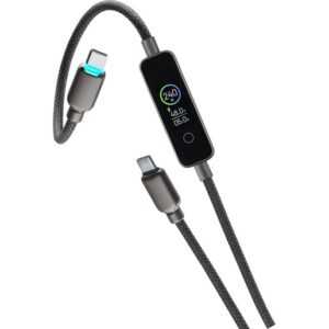 POWERVIEW IQ Cable USB-C to USB-C 240W Câble USB-C vers USB-C premium tressé avec écran TFT intégré pour surveiller en temps réel la puissance, l’ampérage et la tension. Longueur de 120 cm et puissance jusqu’à 240W pour une charge rapide et universelle des smartphones, tablettes et ordinateurs portables.