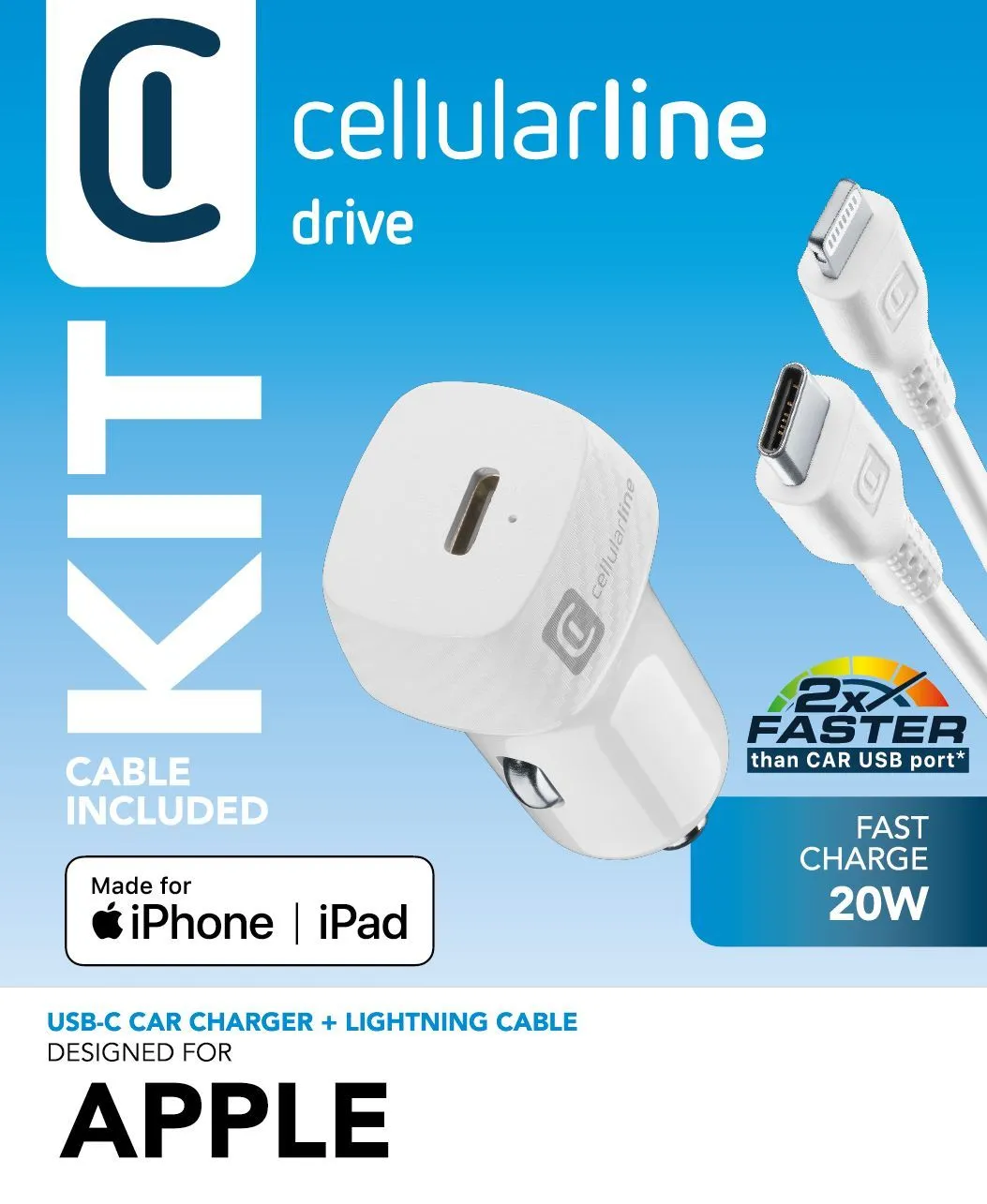 USB-C Car Charger Kit 20W - USB-C to Lightning - iPhone 8 or later 20W USB-C car charger for charging the iPhone 8 and later models with a USB-C to Lightning cable at maximum speed