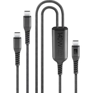 Twin Charge Cable USB-C to USB-C 150 cm braided USB-C cable with dual split connectors for charging two devices at the same time, delivering up to 140W when charging a single device.